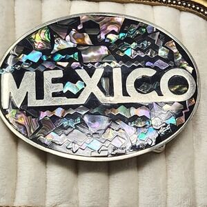 Vintage Abalone Mosaic Belt Buckle Oval Iridescent Inlay 1970s Hecho en Mexico